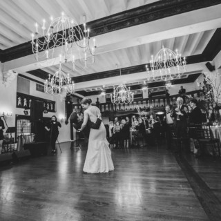 Bride and groom share their first dance at elegant Alden Castle wedding in Brookline, Massachusetts.