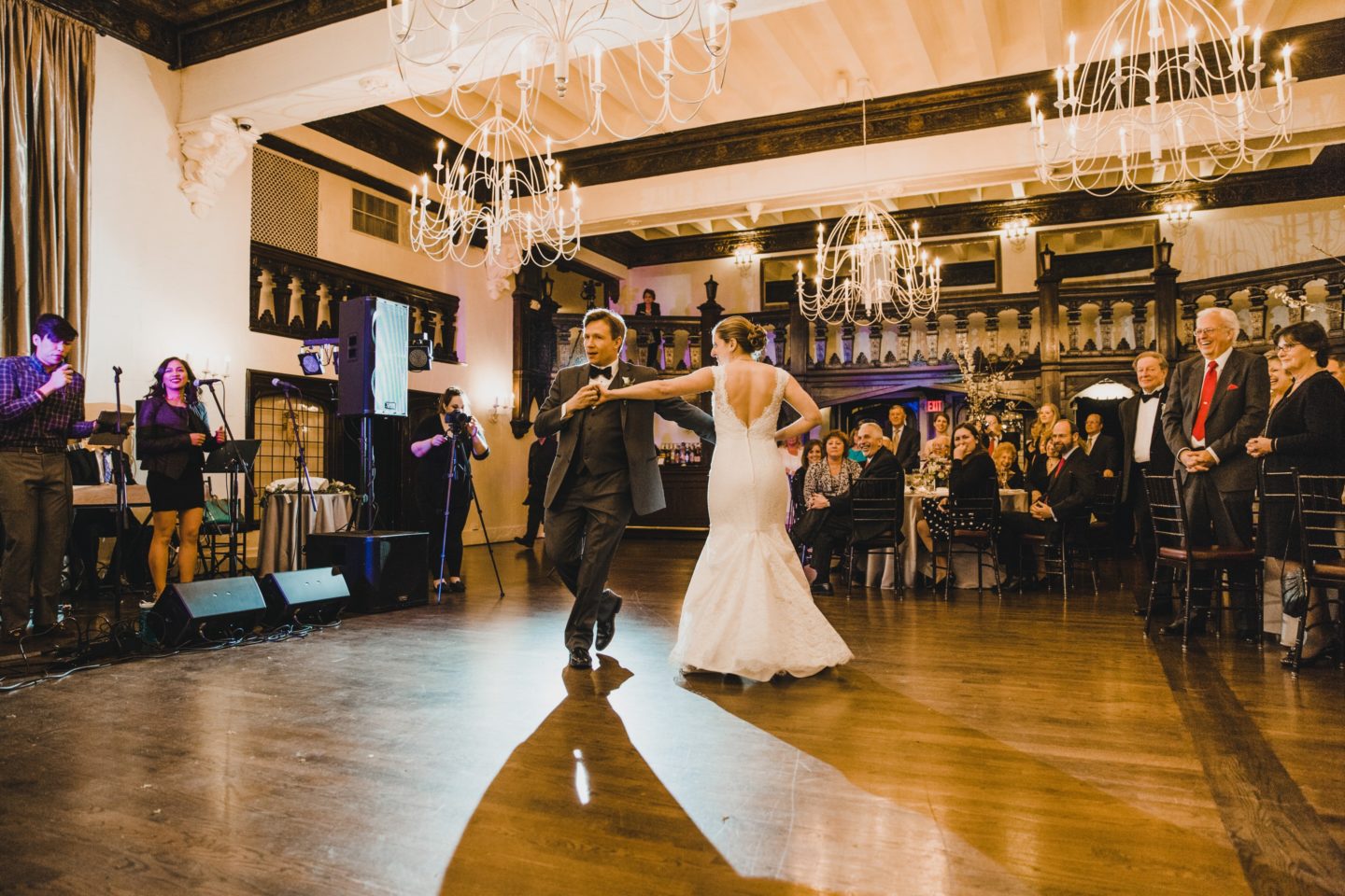 Bride and groom share their first dance at elegant Alden Castle wedding reception in Brookline.