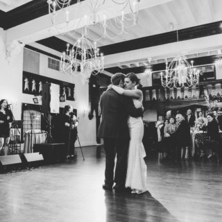 Black and white wedding photo of bride and groom’s first dance at Alden Castle, Brookline.