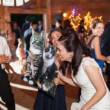 Bride and guest laughing with cardboard cat cutout at rustic Bristol Vermont wedding reception.