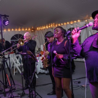 Energetic live band performing under string lights at a festive wedding reception.