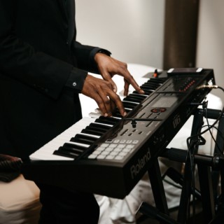 Professional musician performing on a Roland keyboard in an elegant, softly lit setting.