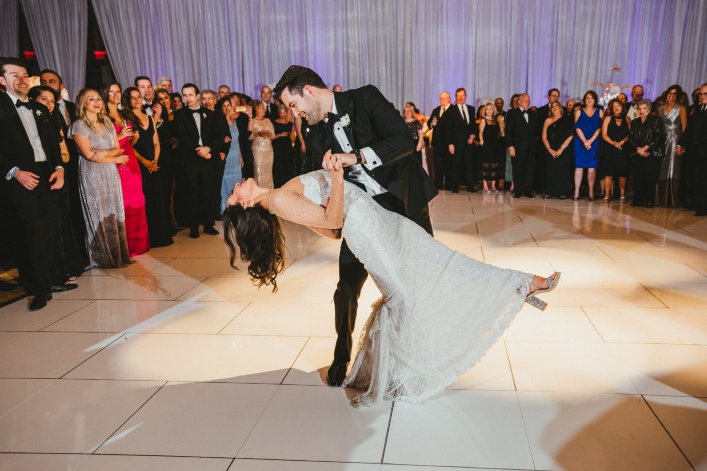 Bride and groom share a romantic first dance at elegant InterContinental Boston wedding reception.