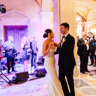 Bride and groom share romantic first dance at elegant Aldrich Mansion wedding in Warwick, Rhode Island.
