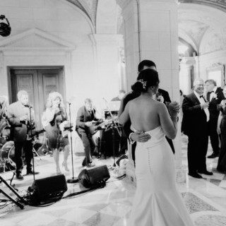 Bride and groom share an elegant first dance at Aldrich Mansion wedding in Warwick, Rhode Island.