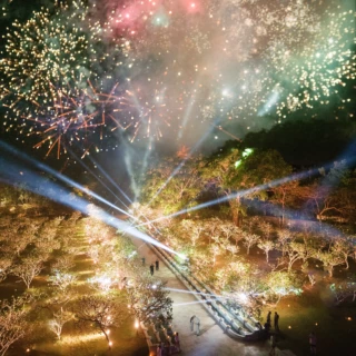 Luxury Bali wedding fireworks illuminating an elegant garden celebration at night.