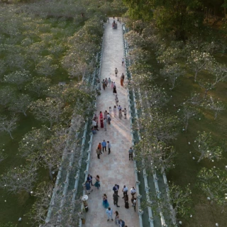 Aerial view of elegant wedding pathway surrounded by lush greenery at a Bali resort.