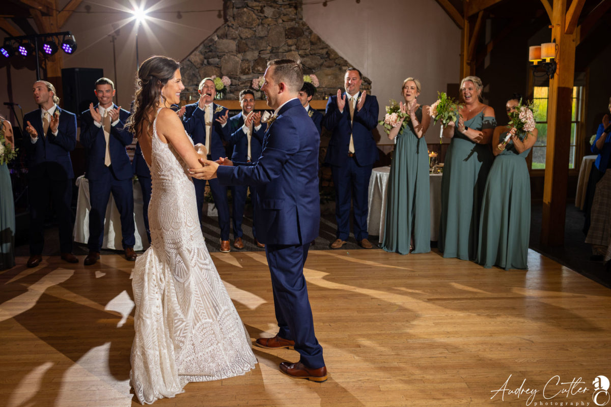 Bride and groom first dance at rustic Harrington Farm wedding in Princeton, Massachusetts.