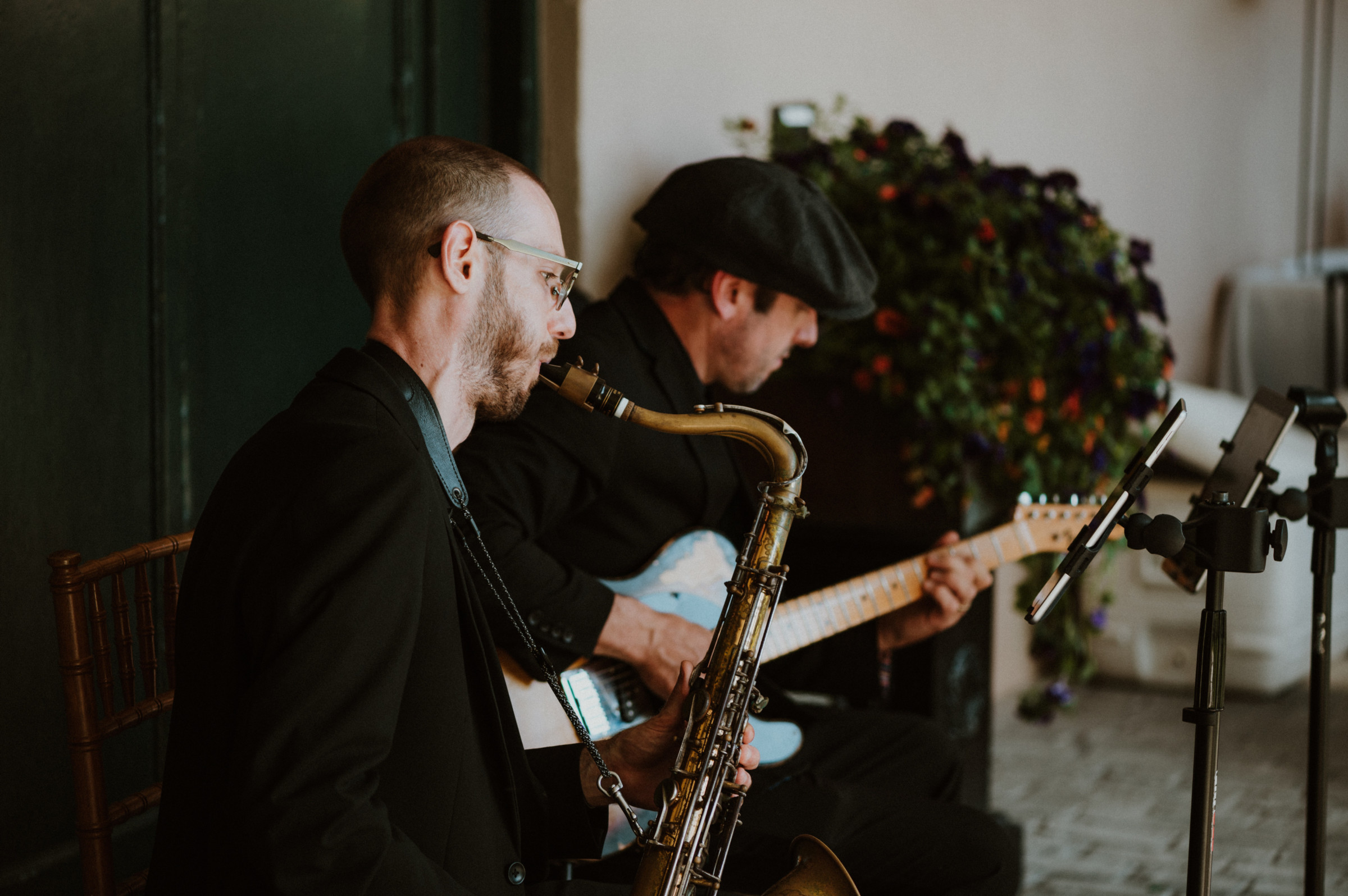 Jazz duo performing live at an intimate wedding reception in Manchester, Vermont.
