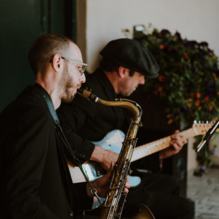 Jazz duo performing live at an intimate wedding reception in Manchester, Vermont.