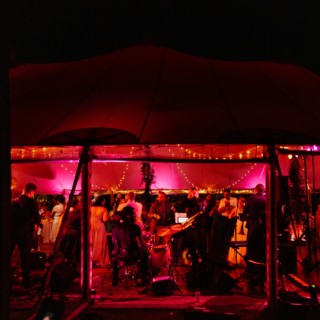 Guests dancing under pink and purple canopy lights at elegant Willowdale Estate wedding reception.