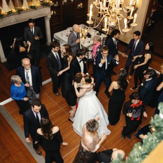 Bride and groom dancing at elegant winter wedding reception at Willowdale Estate in Topsfield, Massachusetts.