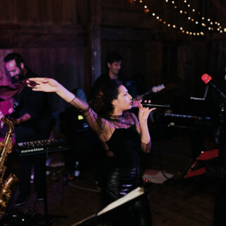 Passionate live band performance in rustic indoor venue with vibrant lighting and energetic musicians.