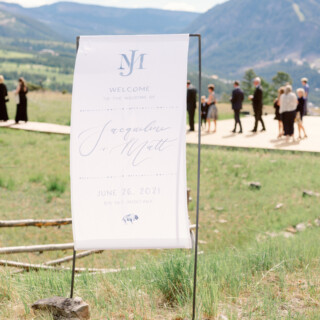 Elegant mountain wedding welcome sign for Jacqueline and Matt in scenic Big Sky, Montana.