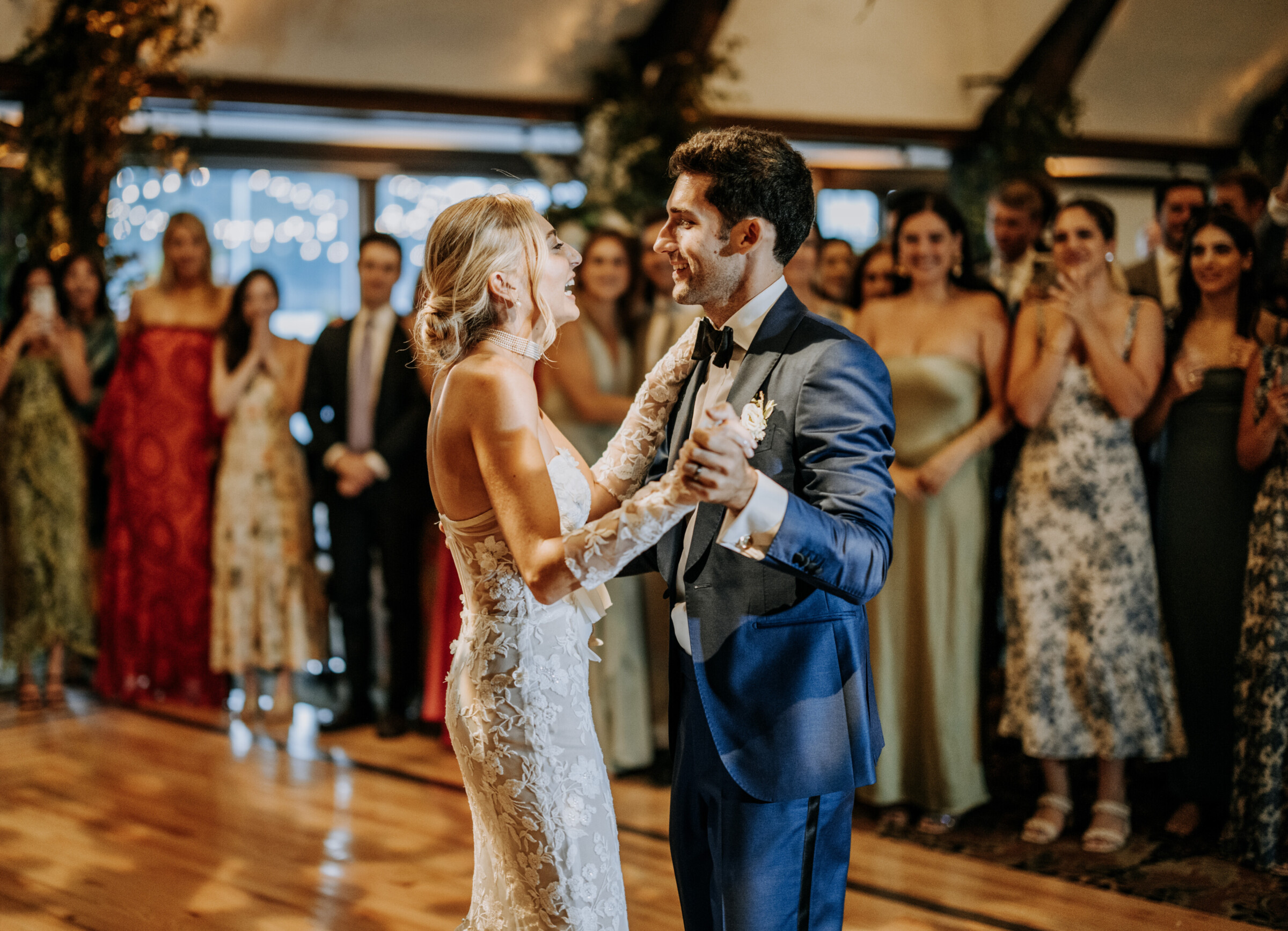 Bride and groom share a romantic first dance at Bar Harbor Club wedding in Maine.