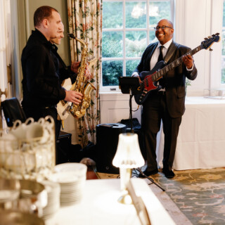 Jazz duo performing at elegant Bradley Estate wedding reception in Canton, Massachusetts.