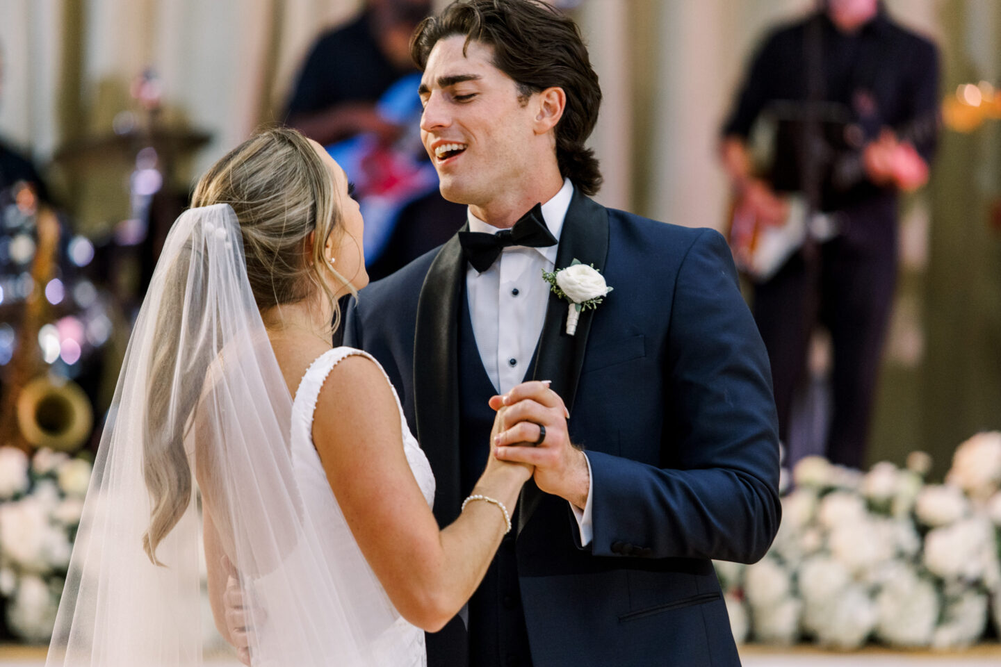 Bride and groom share joyful first dance at Omni Mount Washington Resort wedding in Bretton Woods.